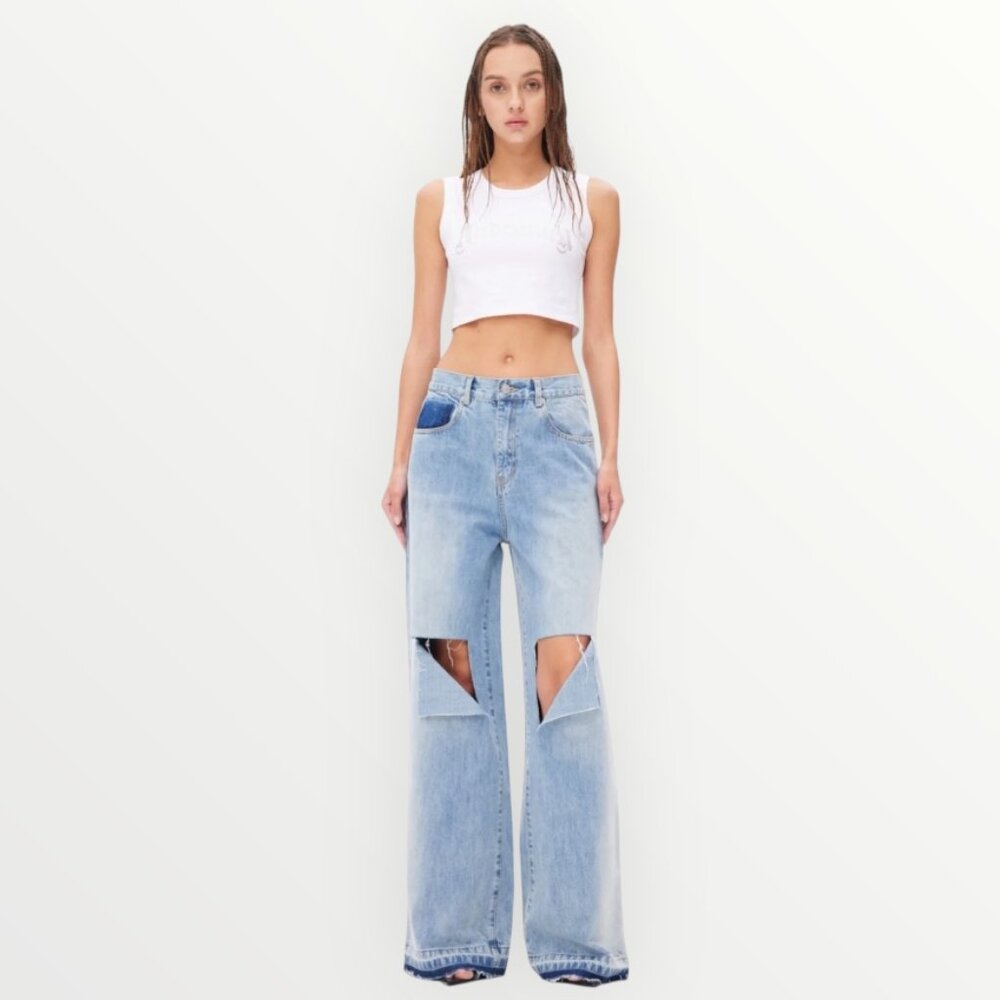 Ann Andelman Blue Ripped Cutout Wide Leg Jeans Y2K Distressed Denim